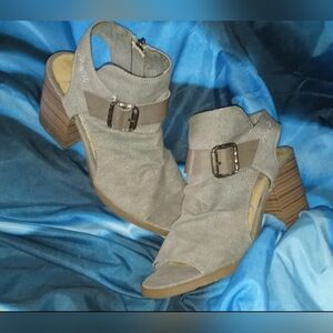 Women's Blowfish Malibu Gray Canvas Open-Toe Block Heels Zip Buckle Booties